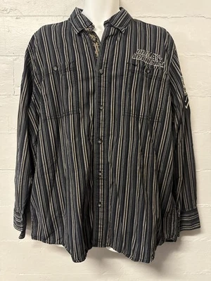 Y2K Harley Davidson 长袖条纹纽扣衬衫 XL — 第 1/4 张图片