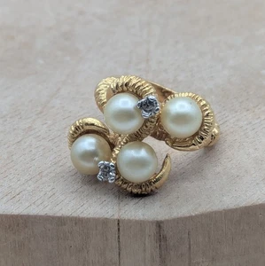 18k Gold HGE Pearl & Rhinestone Cluster Statement Ring Size 5 Textured Jewelry - Picture 1 of 10