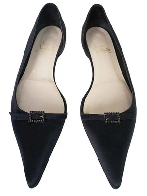 CHRISTIAN LOUBOUTIN Talla 38 Negro Satinado D'Orsay Cristal Hebilla Plana Foto 1 de 4