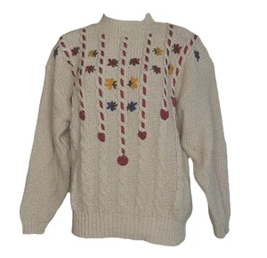 Suéter Floral Tejido con Cable Cinta Bordada De Colección Para Mujer Mediano Beige Arándano - Imagen 1 de 5