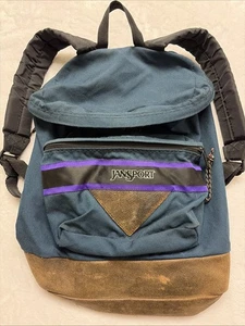 Mochila retro vintage Jansport años 90 parte inferior de cuero púrpura azul marino OS - Imagen 1 de 11