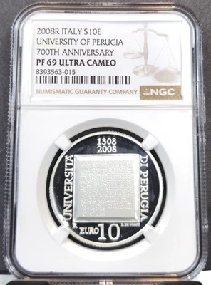 2008 ITALY SILVER 10 EURO UNIVERSITY OF PERUGIA NGC PF 69 ULTRA CAMEO GEM PROOF - Image 1 of 3