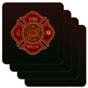 Firefighter Fire Rescue Maltese Cross Low Profile Novelty Cork Coaster Set - Picture 1 of 3