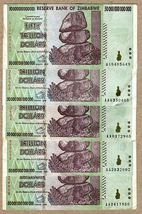 Zimbabwe 50 Trillion Dollars x 5 pcs AA 2008 P90 VF currency bills - Picture 1 of 2