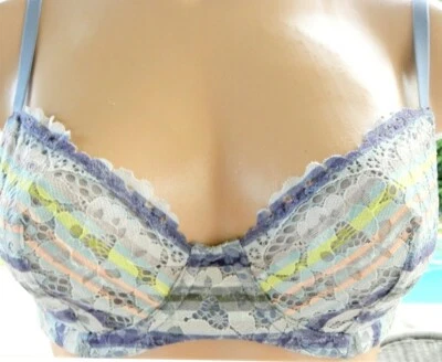 Victorias Secret bra 34C unlined demi cotton back blue stripe scalloped lace - Image 1 of 2