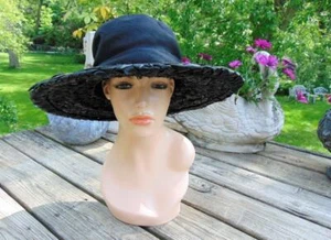 1950/S UNION MADE BLACK STRIPED WIDE BRIM STRAW CLOCHE FABRIC CROWN - Picture 1 of 10