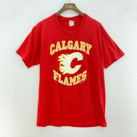 Vintage Calgary Flames Logo NHL 1990 Red T-shirt Size S Single Stitch Cover