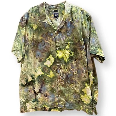 Men's tie dye linen cotton blend button down camp shirt short sleeve olive 3XL - Image 1 of 4