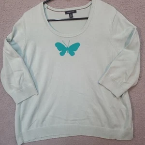 Land's End Knit Sweater Women’s Size 2X Seafoam Green 3/4 Sleeve With Butterfly - Picture 1 of 7