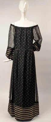 VESTIDO LARGO NEGRO TRANSPARENTE VINTAGE AÑOS 70 CON COJO DORADO METÁLICO HECHO EN SUECIA Foto 1 de 4