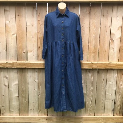 Maxi Vestido Vintage Express Denim Botón Delantero Manga Larga Bolsillos Modesto Talla S Foto 1 de 4