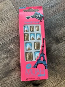 Muah Instant Mani de Kiss Prensa en Uñas Azul Blanco Dorado - Imagen 1 de 8