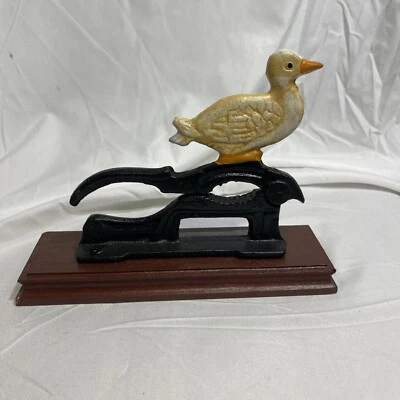 Vintage Cast Iron Metal Nutcracker Nuts - WHITE DUCK Country Decor Wooden Stand  - Image 1 of 3