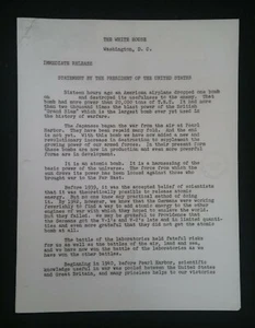 WWII DRAFT WHITE HOUSE STATEMENT DOCUMENT ANNOUNCING THE USE OF THE ATOMIC BOMB - Picture 1 of 9