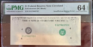 PMG 64 EPQ $1 FRN Cleveland Insufficient Inking Error Dc Block Uncirculated Bill - Picture 1 of 3
