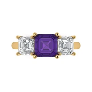 4Ct Square Emerald Cut Natural Amethyst 3 Stone Engagement Ring, 14K Yellow Gold - Picture 1 of 11