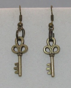 Brass Charm Earrings KEY 25 mm Handmade in USA - Picture 1 of 1
