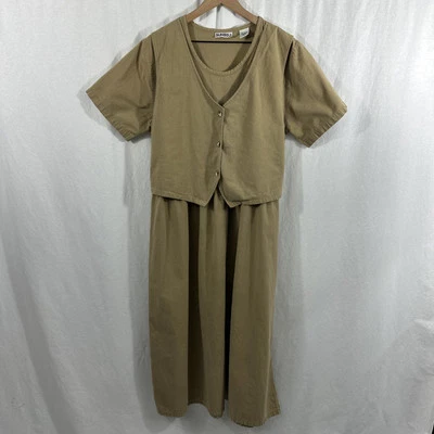 Sunbelt Vintage Tan Cotton Modest Long Vest Tie Back Maxi Dress Womens L - Image 1 of 4