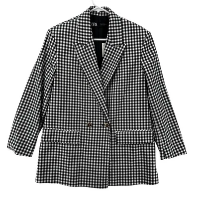 Blazer Zara Mujer Pequeño Negro Blanco Cuadros Guinga Doble Pecho Chaqueta S Foto 1 de 4