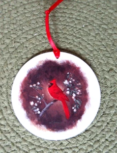 Red Cardinal Bird Porcelain Round Christmas Ornament/Wall Hanging - Picture 1 of 3
