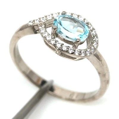 Thai Handmade 5 x 7 mm. Sky Blue Topaz & White Zircon Ring Size 7.75 - Image 1 of 4
