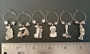 Golf Silver Tone Set Of 6 Wine Glass Charms Vintage - Picture 1 of 3