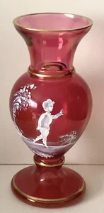 Jarrón mariposa libélula niña pintada a mano Mary Gregory vidrio arándano vintage - Imagen 1 de 9