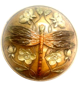 Heavy Dimensional Dragonfly & Flowers Enameled Vintage Dresser Round Box - Picture 1 of 6