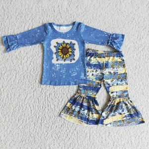 Girls Long Sleeve Bell Pants Set 2Pcs Outfit Sunflower Bee Print - Picture 1 of 1