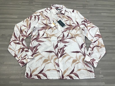 Perry Ellis Linen Blend Untucked Button Shirt Mens S Sepia Rose Leaf Print $89 - Image 1 of 4