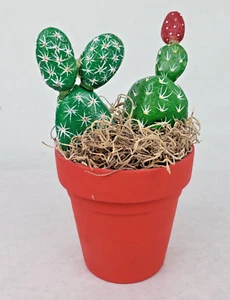 Sculpture Natural Rock Hand Painted Cacti in Planter 7.5" Tall - Picture 1 of 6