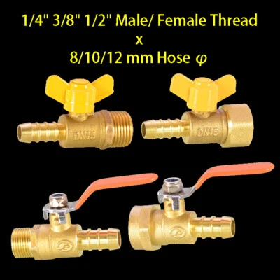 Hose Barb Tail Fitting Brass Ball Valve Switch Female Male Thread 1/4 1/2 Inch - Image 1 of 4