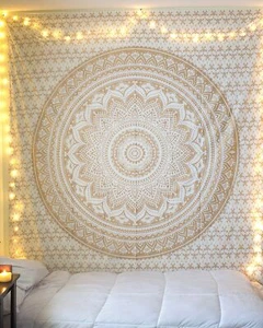 Mandala Tapestry - Boho Wall Art - 30x40 Inches - White Gold - Bedroom Decor - Picture 1 of 8
