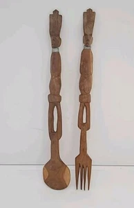 Hand Carved Wooden Alien Tribal Salad Tossing Serving Set, Fork & Spoon  15" - Picture 1 of 4