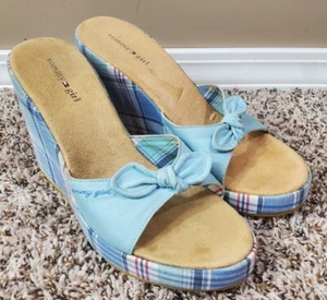 Vtg Y2K Tommy Girl Blue Plaid Fabric Upper Wedge Sandals Sz 9.5 Cute Preppy - Picture 1 of 8