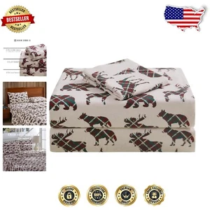 Luxurious 4-Piece Full Flannel Sheet Set - 100% Turkish Cotton Wilderness Plaid - Picture 1 of 7