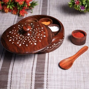 Classic Anjarai Petti Design: Round Sheesham Wooden Masala Box, (19 x 19 x 5Cm) - Picture 1 of 5