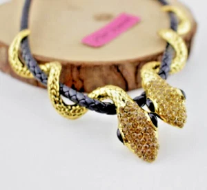 Betsey Johnson Crystal Champagne Twin Snakes Gold Pendant Necklace Free Gift Bag - Picture 1 of 5