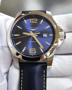 Longines Conquest Quarz 43 mm blaues Zifferblatt Leder Herrenuhr L3.760.4.96.0 - Bild 1 von 5