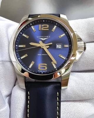 LONGINES Conquest Quartz 43mm Blue Dial Leather Mens Watch L3.760.4.96.0 - Image 1 of 4