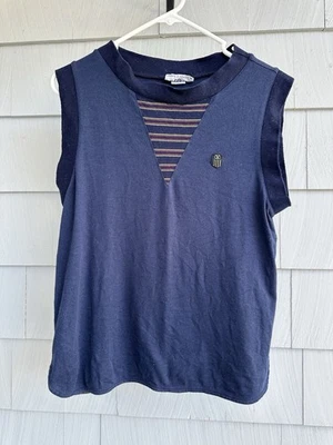 Vintage Valentino Sport Top Sem Mangas Logotipo Listrado Azul Marinho Feito na Itália P - Imagem 1 de 4