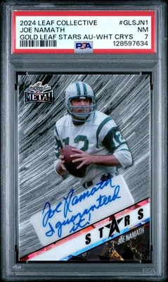 2024 ЛИСТ КОЛЛЕКТИВНЫЙ ЗОЛОТОЙ ЛИСТ ЗВЕЗДЫ JOE NAMATH БЕЛЫЙ КРИСТАЛЛ АВТО /2 PSA 7 JETS - Изображение 1 из 2