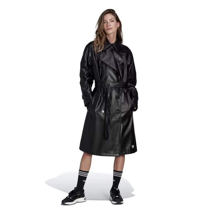 Adidas Originals faux leather belted trench coat black II6083 Women's size S