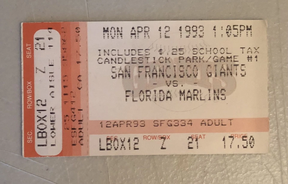 Barry Bonds Home Run Ticket Home Debut April 12, 1993 1st HR - Image 1 of 2
