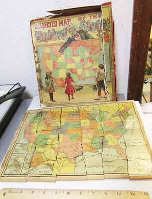 vintage 1900s Milton Bradley Dissected map of the USA 30 piece wood puzzle & box - Image 1 of 4