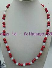 8mm White Faceted Opal and 8mm Red Coral Round Bead Necklace 24Inches