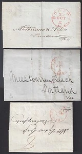 US 1813 1848 THREE BOSTON MASS FOLDED LETTERS DIFFERENT CANCELS IN RED LETTERS - Picture 1 of 3