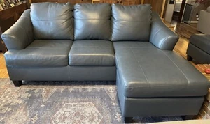 Ashley Genoa Leather Sofa with Chaise Steel Blue Gently Used - Picture 1 of 3
