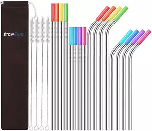 Set of 16 Reusable Stainless Steel Straws with Travel Case Cleaning Brush Silico - Picture 1 of 12