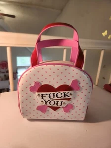 Vintage Addicted Purse Pink F You Travel Bag White Hearts Rare Rockabilly  - Picture 1 of 13